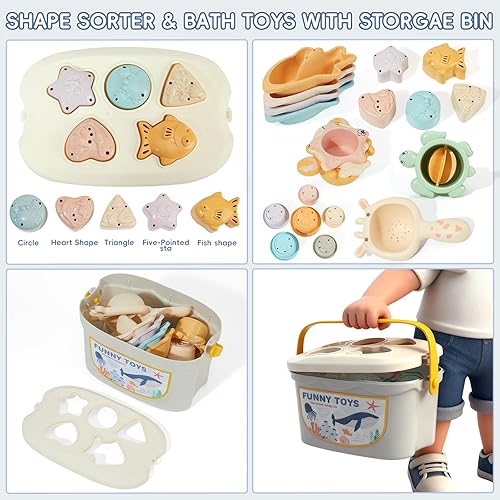 Miniatura 6 de Juguetes de baño, 21 piezas  Juguetes Montessori para bebés con formas para clasificar el juego y apilar tazas  Barcos de baño y cuchara con