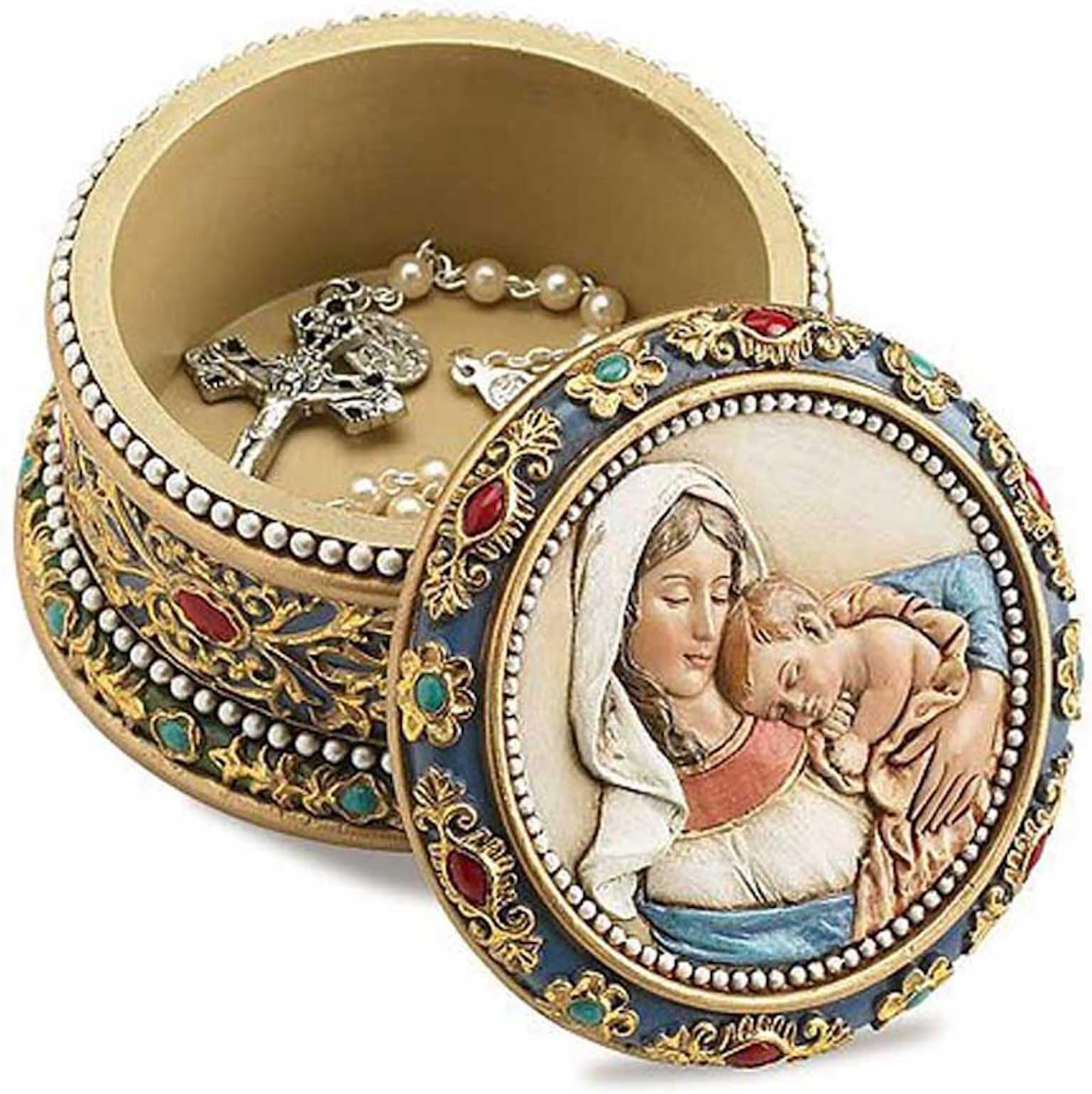 Rosary Trinket Boxes Ava Maria Collection, 3.50" Diameter, Madonna & Child