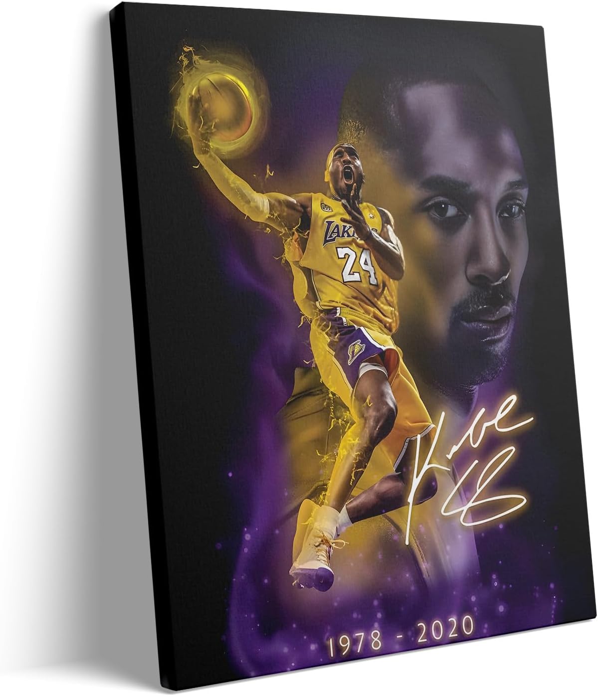 Kobe Bryant Memorial Canvas Wall Art, Basketball Legend Poster Print with Lakers Tribute 1978-2020, Inspirational Purple Artwork for Home Decor, Sports Fans Living Room Game Room, Framed 16x20inch