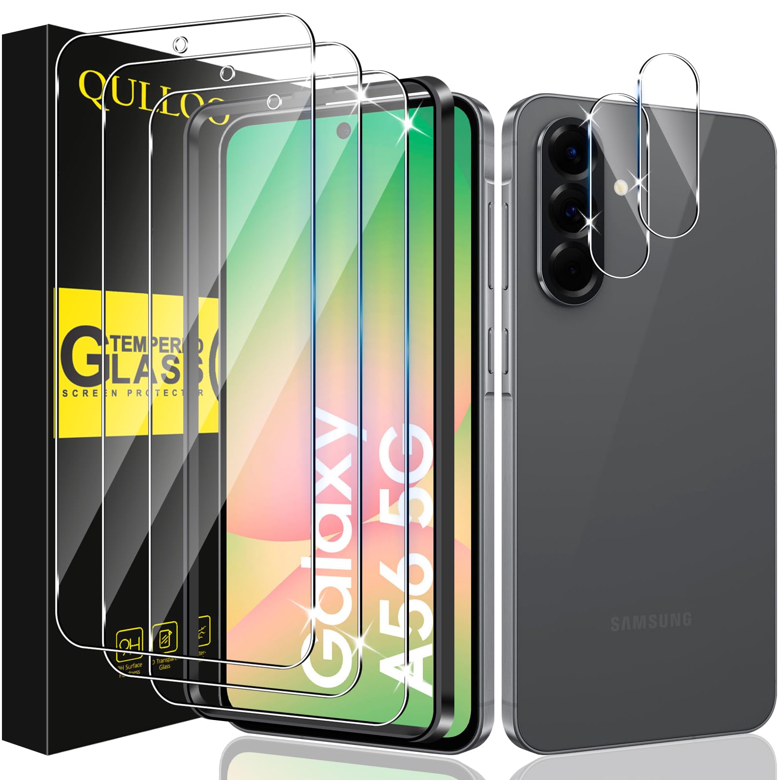 QULLOO Szkło hartowane do Samsung Galaxy A56 5G, 3 sztuki ochraniaczy ekranu i 2 sztuki osłony tylnej kamery, twardość 9H, folia ochronna na ekran HD, przejrzystość, odporność na zarysowania, ochrona