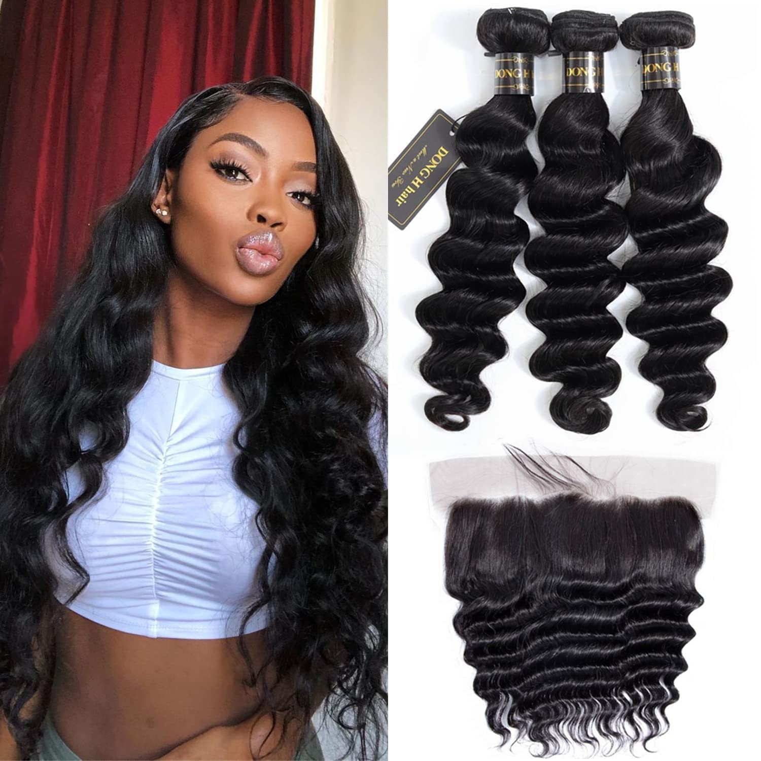 Peruvian Loose Deep Wave Bundles with Frontal, Loose Wave Bundles with 13x4 Lace Frontal 20"22"24" with 18"frontal,12A Unprocessed Best Virgin Hair