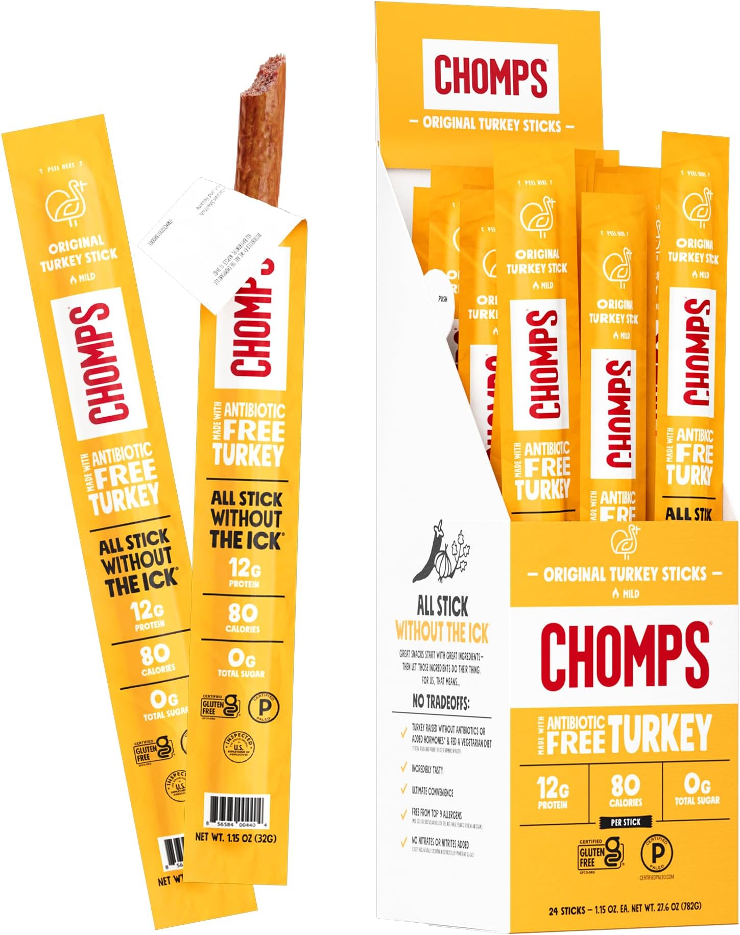 Original Turkey Jerky Snack Sticks Keto Paleo Whole30 Approved Gluten Free 1.15oz (24 Pack)