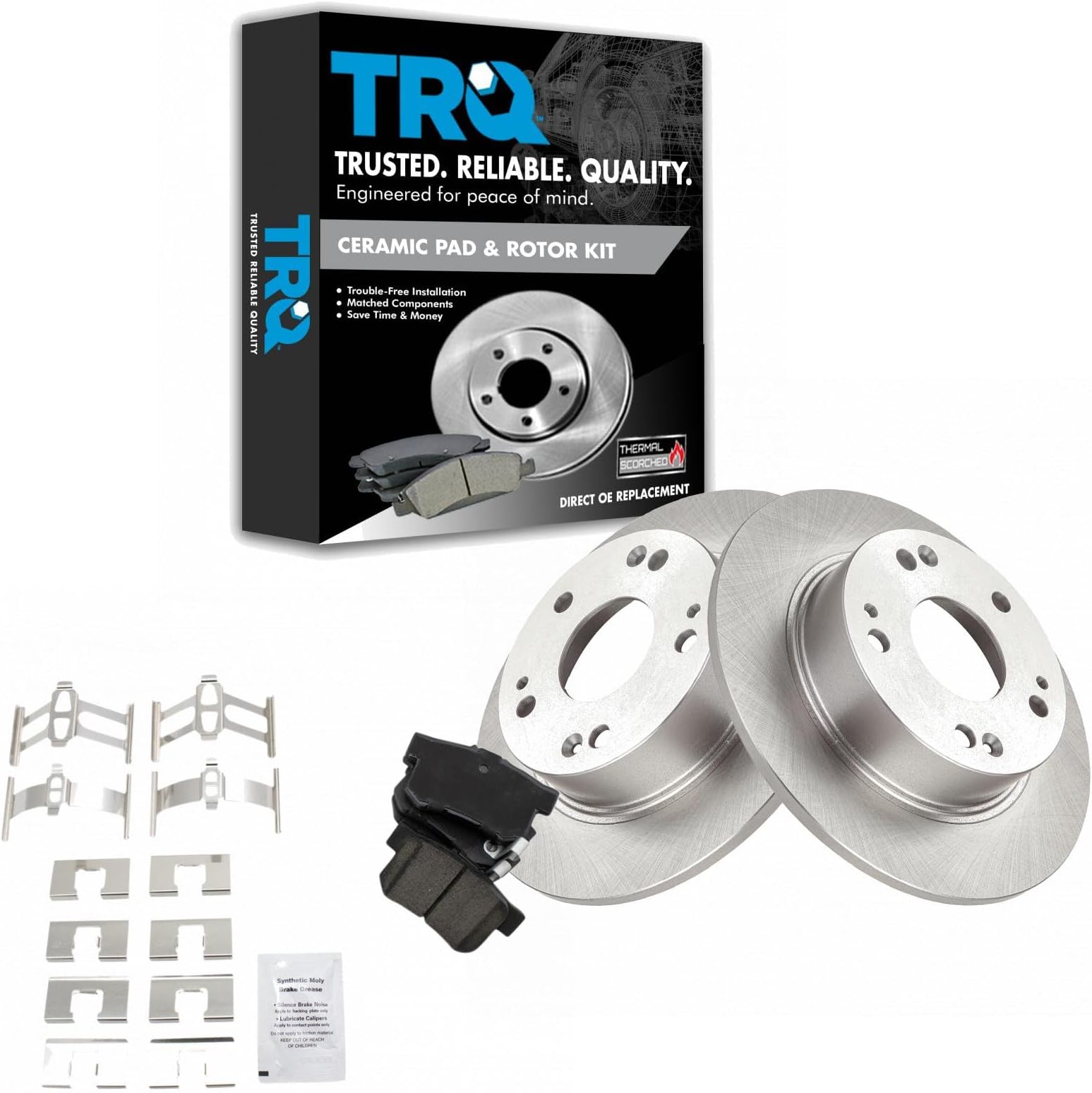 TRQ Rear Brake Pad and Rotor Set Ceramic Solid Rotors Compatible with 2003-2007 Honda Accord 2004-2008 Acura TSX