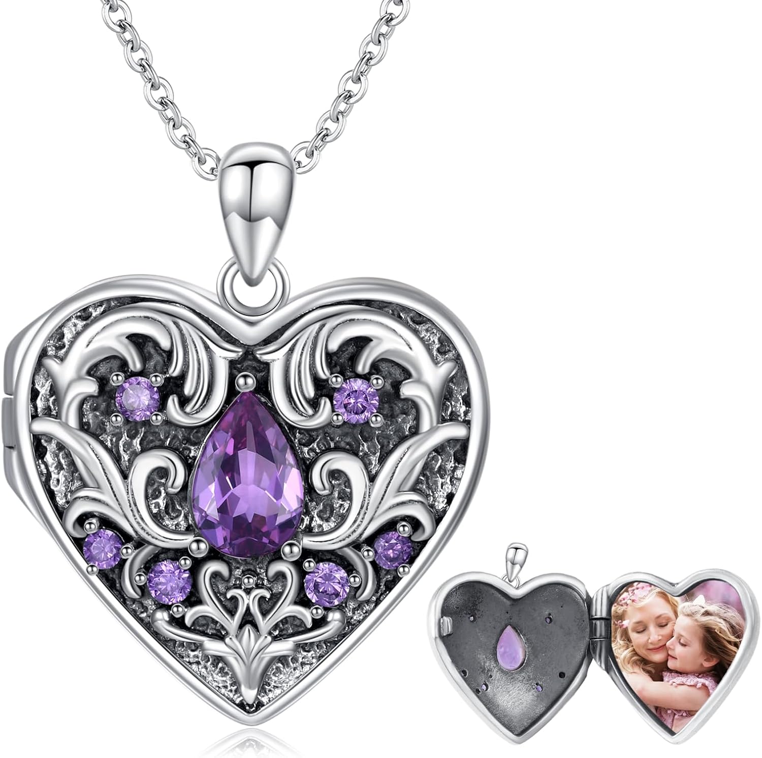 Natural Gemstone Heart Locket Necklace for Women 925 Sterling Silver Locket Necklace That Holds Pictures Photo Custom Lockets Jewelry Personalized Genuine Amethyst Locket Gifts