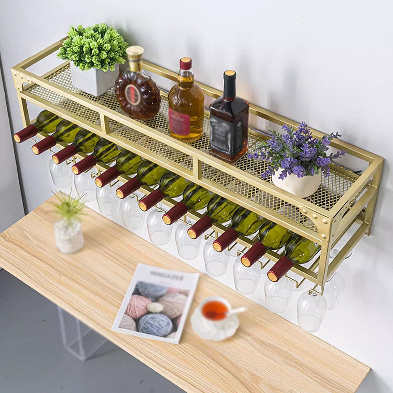Portabottiglie Da Parete MAIKAILUN Oro | Con Supporto Per Bicchieri, 76x29x24 Cm, In Metallo, Per 6 Bottiglie E 14 Bicchieri - 3