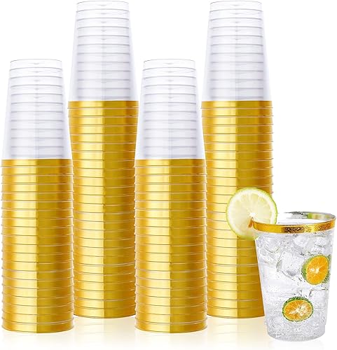 Miniatura 1 de Vplus Paquete de 150 vasos de plástico con borde dorado de 12 onzas, vasos de plástico transparente reutilizables, vasos de plástico resistentes