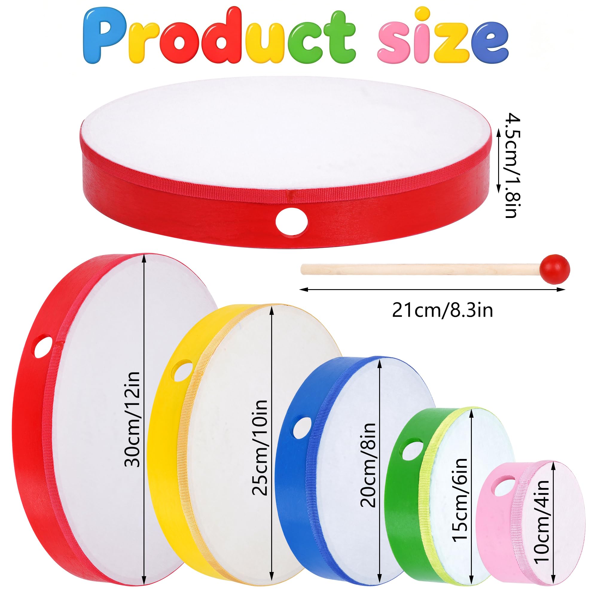 Nydotd Lot de 5 tambours à main avec cadre en bois - 30,5 cm, 25,4 cm, 25,4 cm, 20,3 cm, 15,2 cm, 10,2 cm, multicolore pour loisirs, spectacles musicaux, fournitures de fête à la maison