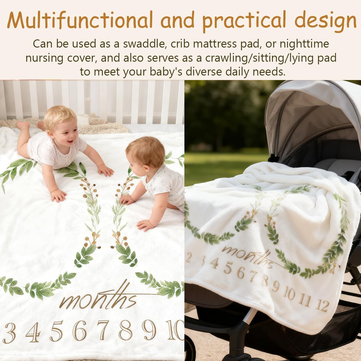 Baby Monthly Milestone Blanket Twins Month Blanket for Newborn Boys & Girls, Soft Flannel Mat with Photo Prop for Baby Shower, Neutral 51x40 Inches - Image 4