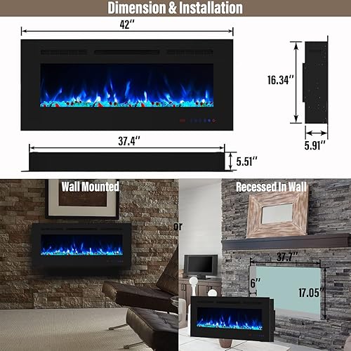Miniatura 5 de Chimenea eléctrica de 42 pulgadas, calentador de chimenea empotrado y de pared, inserto de chimenea silencioso y lineal con color de llama ajustable