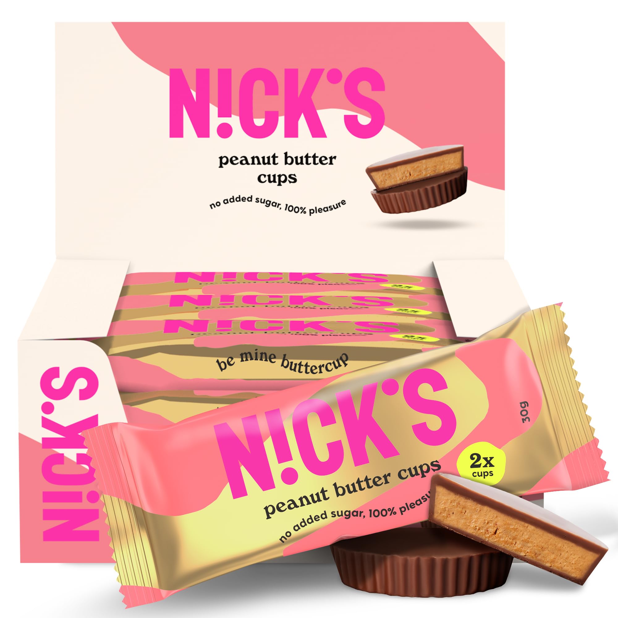 NICKS Peanut Butter Cups, Low Carb Erdnussbutter-Pralinen mit Schokolade und Erdnusscreme ohne Zuckerzusatz, 1,8 Net carbs, 1,1g Zucker pro Becher, Keto Snack, glutenfrei, ohne Palmöl, 12x30g (2x1)