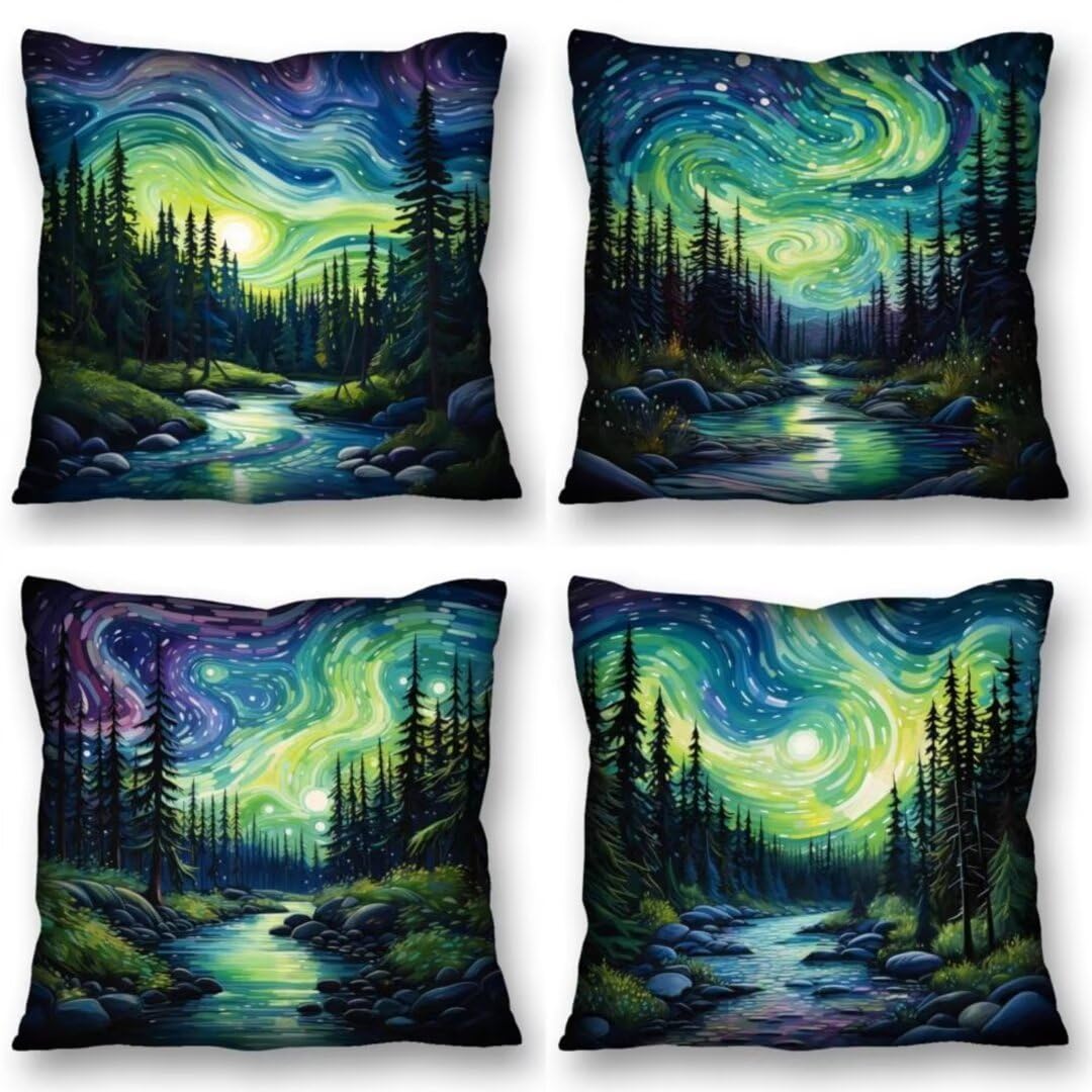 Juego de 4 Fundas de Cojines 70x70 cm Cojines cielo estrellado arroyo Funda Cojin Cuadrados de Lino Fundas Cojines Sofá Cojines Decorativos para Salón Sofá Dormitorio Coche Jardín Decoración del Hogar