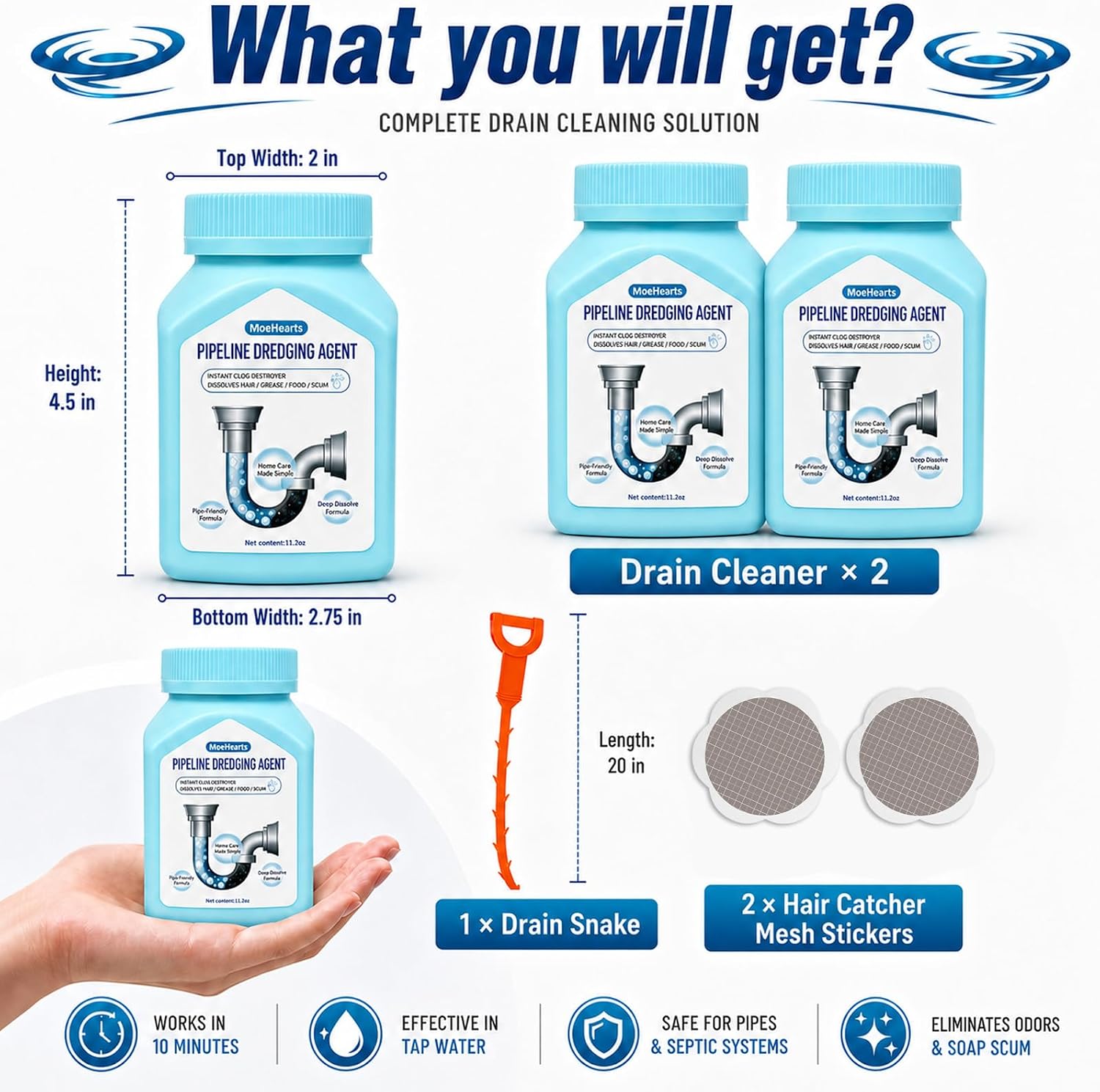 Pipeline Dredging Agent Set for Shower (2PCS), with Drain Snake & Sticker