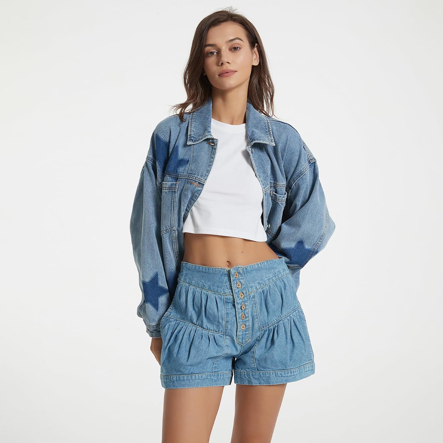 D-Sun Women Casual Denim Jacket Oversized Leopard Stars Printed Boyfriend Vintage Jean Jacket Coat with Pockets - Image 2