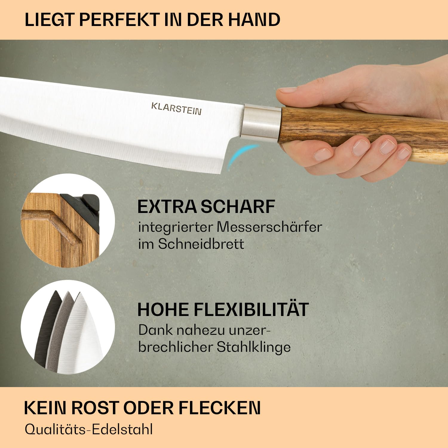 Klarstein Küchenmesser Set mit Messerblock Selbstschärfend, Messerset mit Akazienholz-Messerblock, 5 Scharfe Messer, Kratzfeste Edelstahl-Messer Küchenmesser im Japanischen Stil