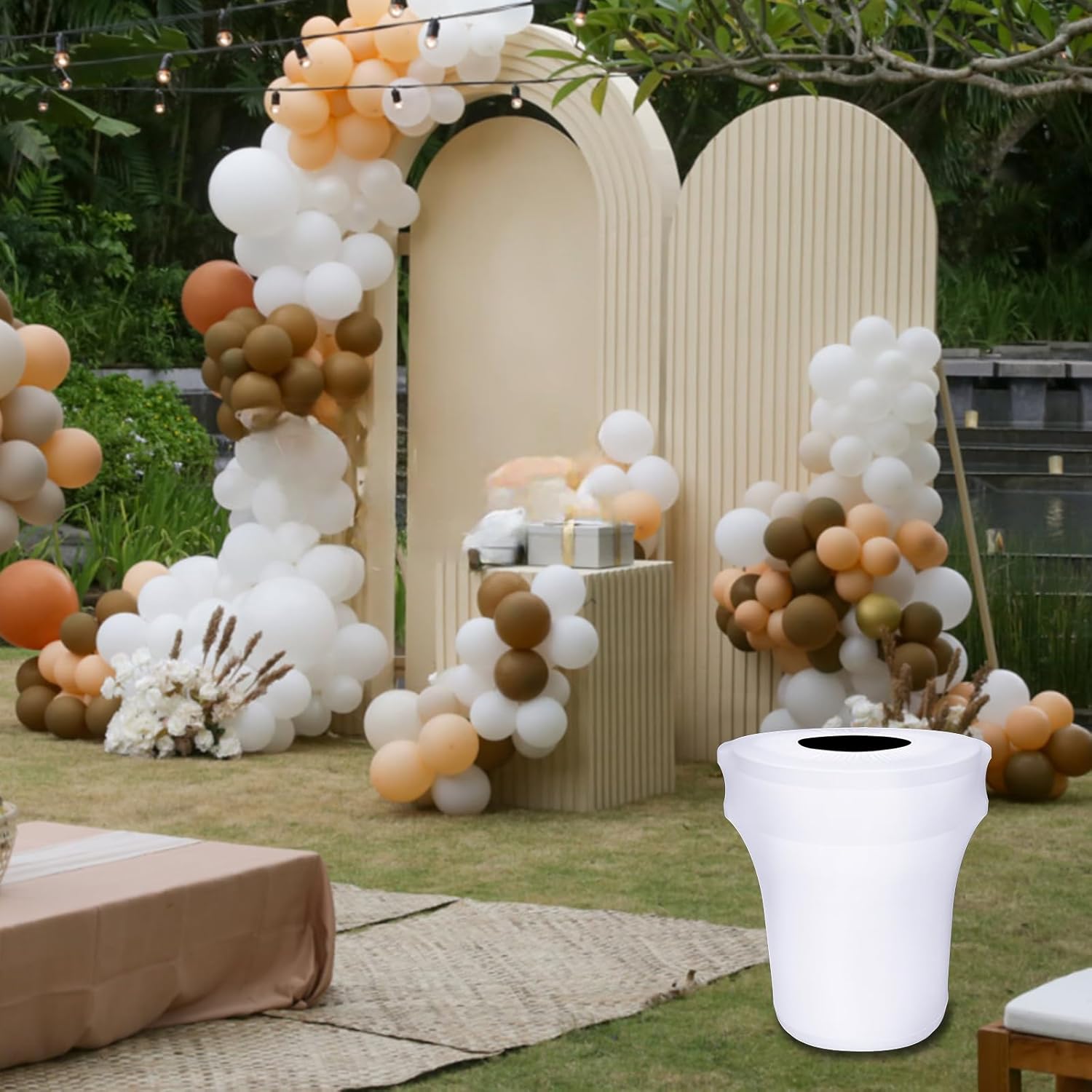 BTSKY 6 Pcs White Round Trash Can Cover 32 Gallon Stretch Spandex Trash Can Covers Outdoor Decorative Trash Bin Covers for Outside Wedding Parties Commercial Fundraiser Decor