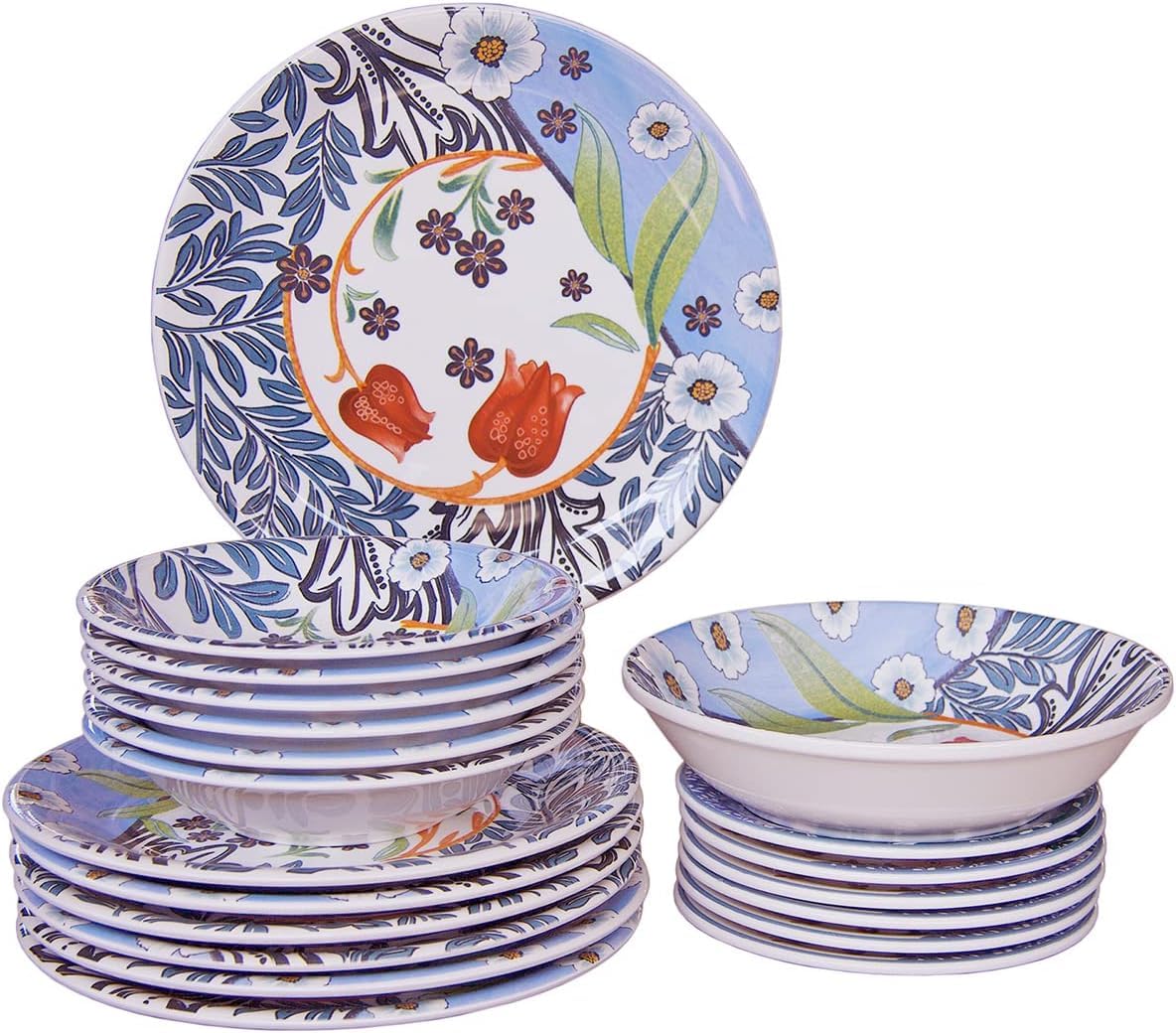 Wald Collezione da Tavola di Piatti Piani, Fondi, Frutta, Insalatiera e Portata in Ceramica, Decoro Tulipano, Lavabili in Lavastoviglie (Set Completo 20 pz)