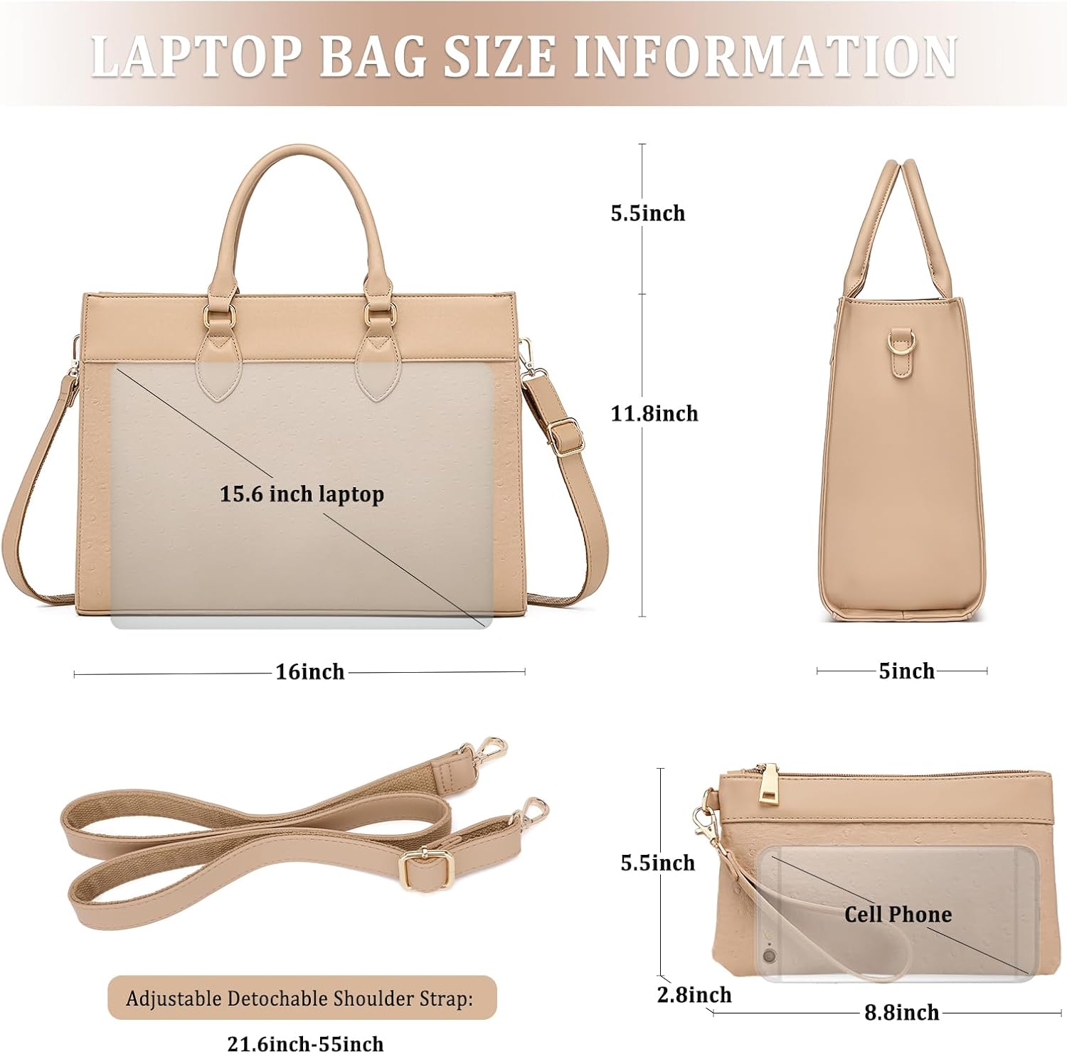 BOLOSTA Laptop Bag for Women 15.6 inch Work Tote Bags for Women Large Waterproof Leather Computer Bag with Clutch Purse