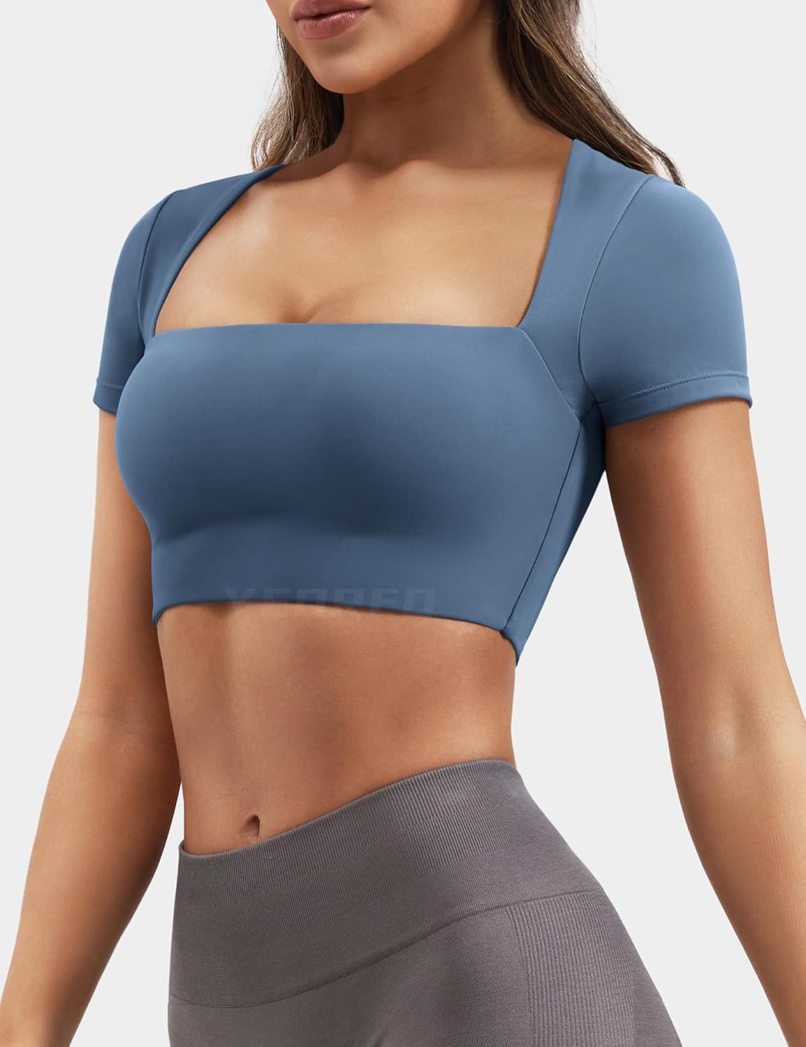 YEOREO Women's Short Sleeve T Shirt Ada Sexy Square Neck Crop Top Slim Fit Crop - Image 2