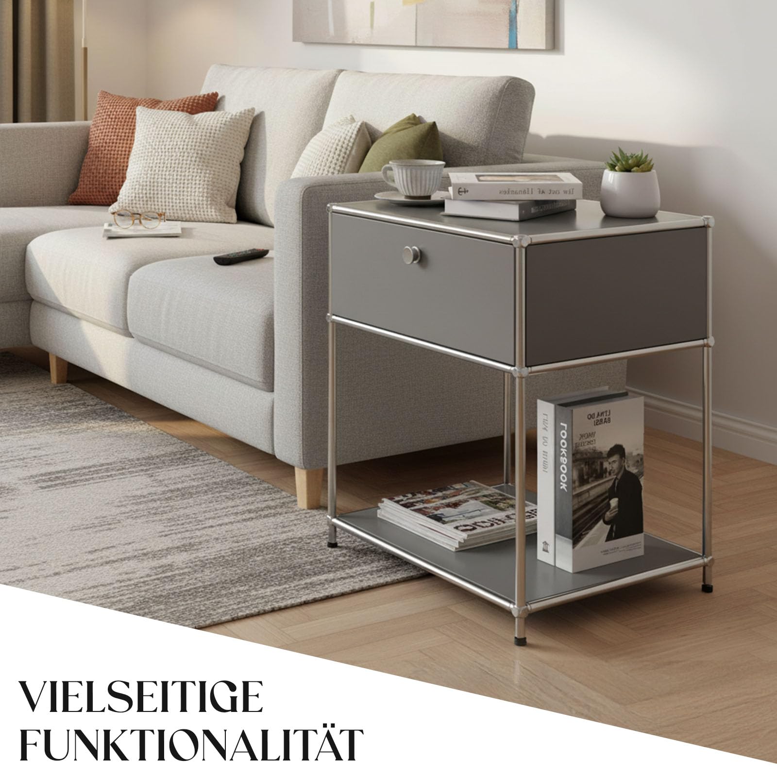 Floordirekt Estantería, estantería de metal, mesa auxiliar - Gris, cromo, 63Hx50Ax40P cm - Sistema modular de enchufes en diseño moderno, estantería de metal para sala de estar, oficina, pasillo