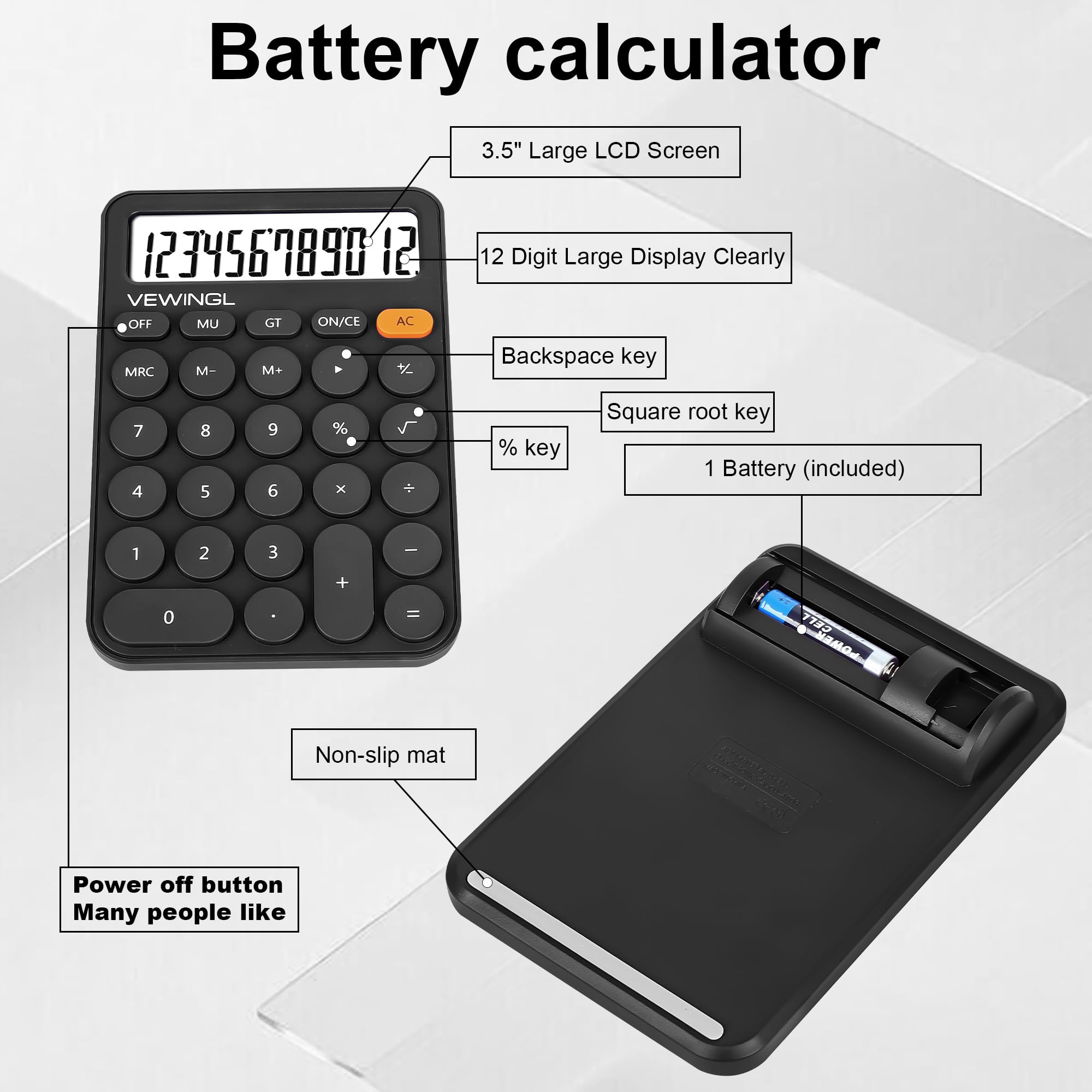 Standardrechner, 12 Ziffern, 15,7 x 10,7 cm großes Desktop-Display und Tasten, Taschenrechner mit großem LCD-Display für Büro, Schule, Zuhause und Geschäft, automatischer Schlafmodus, 15 ° neigbarer