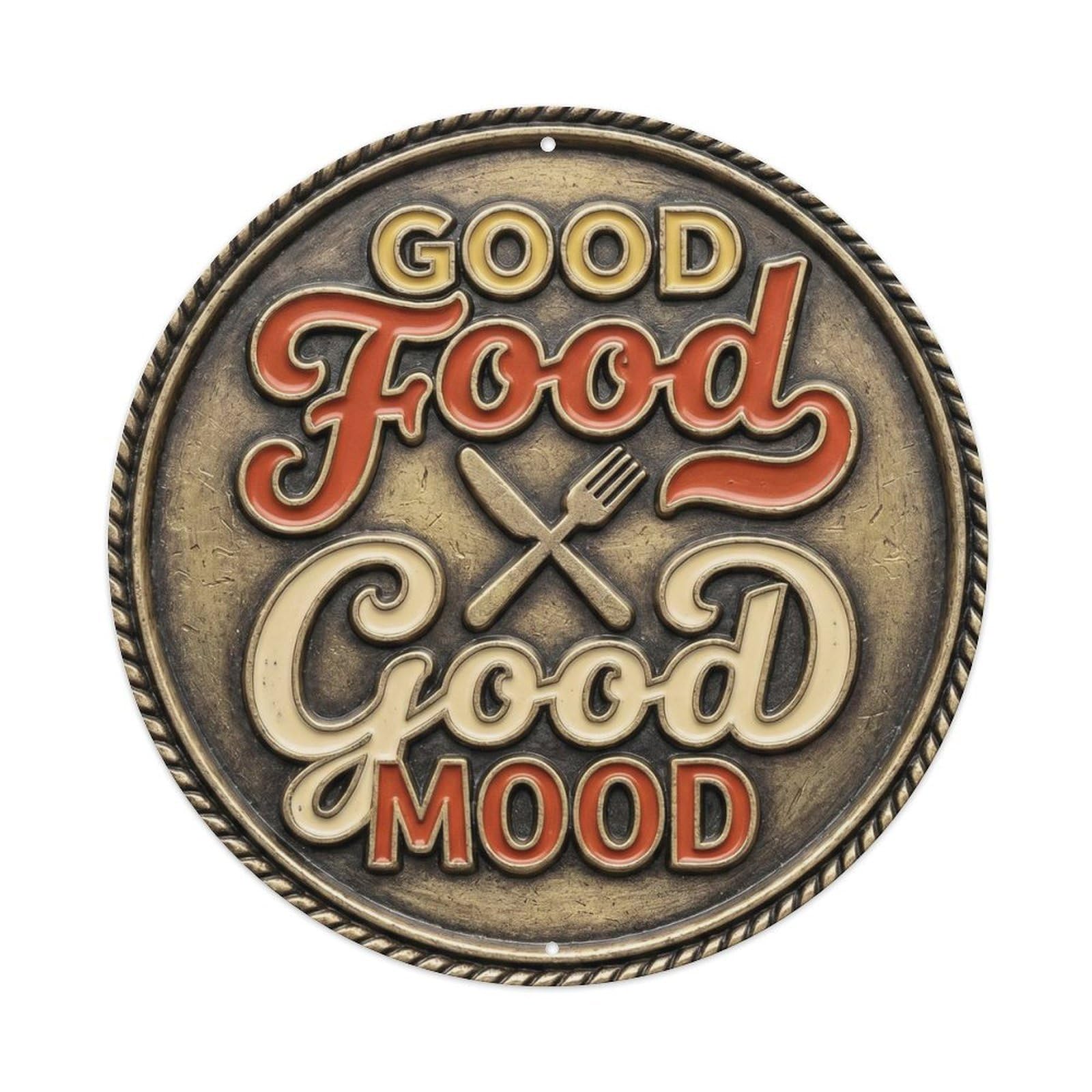 Good Food Mood Kitchen Quote Positive Motto Rustic Style Metal Tin Sign Plaque Wall Decor for Cafe, Man Cave, Club Bar, Office, Home Garden Round Metal Poster 8x8Inch