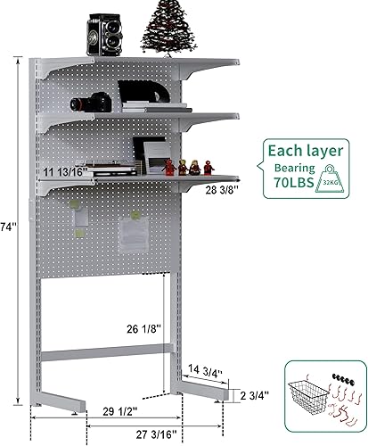 Miniatura 3 de JWX DDB - Estantería de pie para tablero de clavijas, gabinetes blancos de 30 pulgadas para oficina en casa con tablero de clavijas de metal y 15
