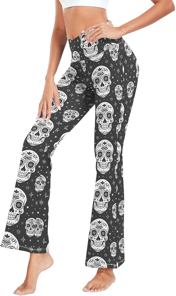 ALAZA Women's Sugar Skull The Day of Dead Black White Flare Yoga Pants