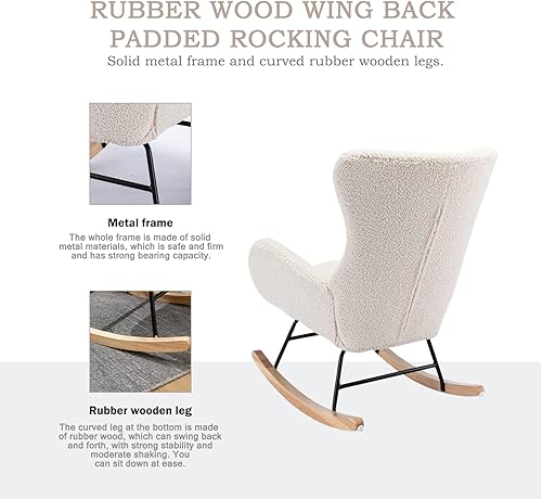 Miniatura 4 de Kiztir Mecedora pequeña para guardería, mecedora moderna con respaldo alto, cómoda silla deslizante para guardería, sala de estar, dormitorio (beige)