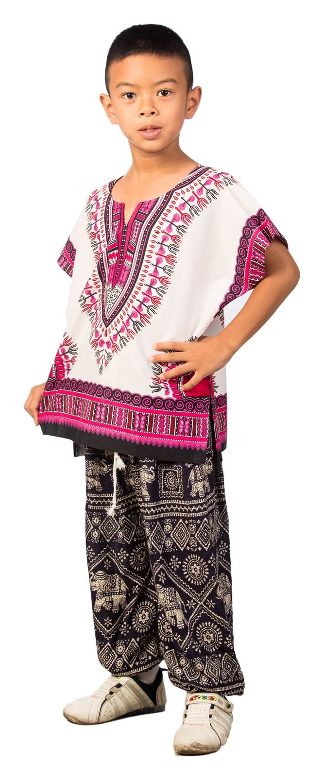 LOFBAZ African Dashiki Shirt for Kids Girls Boys Unisex Clothes Print T-Shirts Little Baby Toddler Dress Up Clothing White & Deep Pink 3-6M