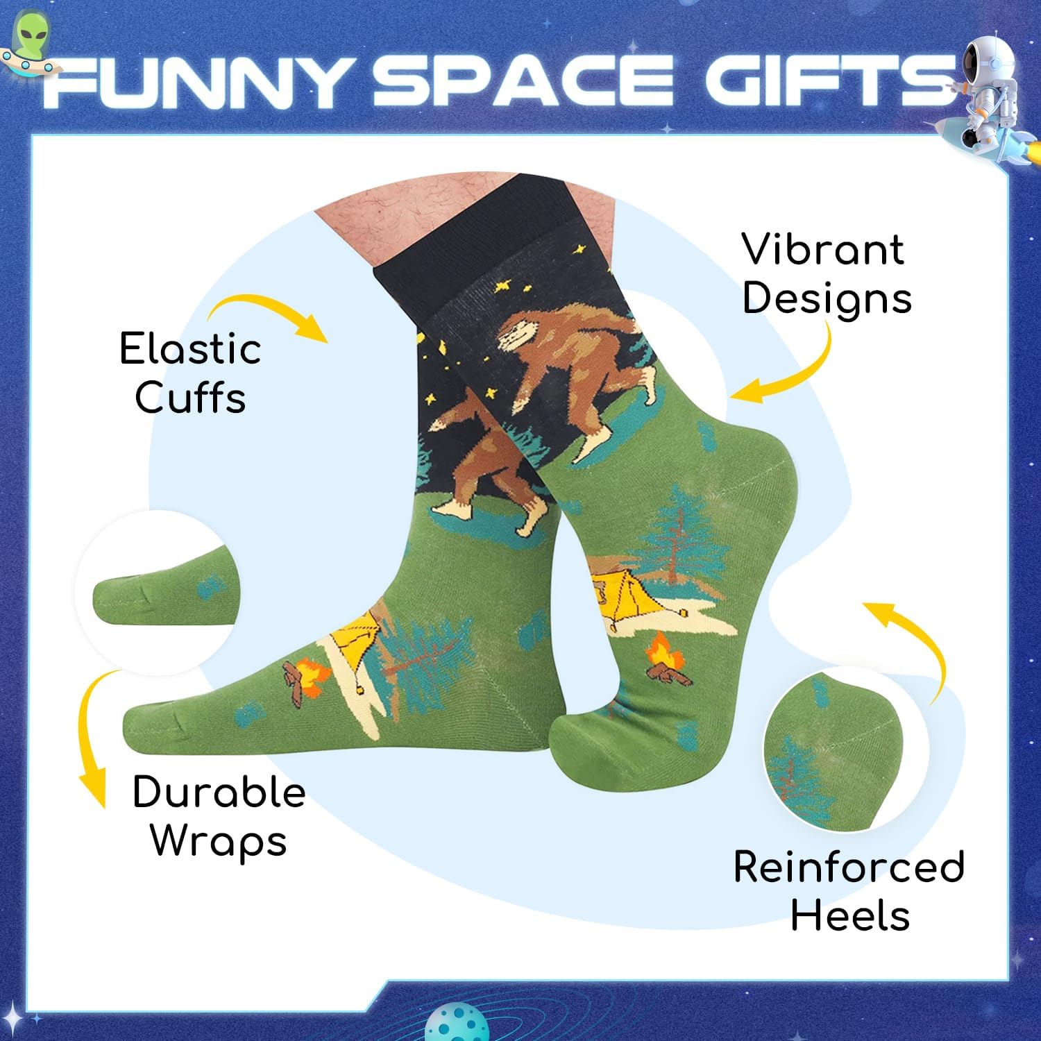 Funny Socks for Men - Christmas Shark Space Gifts Alien Bigfoot Socks for Men 4 Pack - Image 3