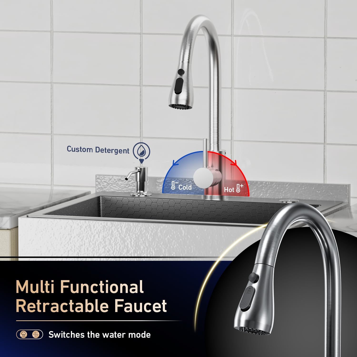 20" Freestanding Stainless Steel Utility Sink, Heavy-Duty Commercial Kitchen Outdoor Sink with Retractable Cold and Hot Water Faucet, Single Bowl Shop Sink for Workshop, Garage, Laundry Room
