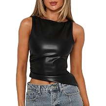 Vivitulip Womens Faux Leather Ruched Tank Top High Neck Sleeveless Cami Shirt