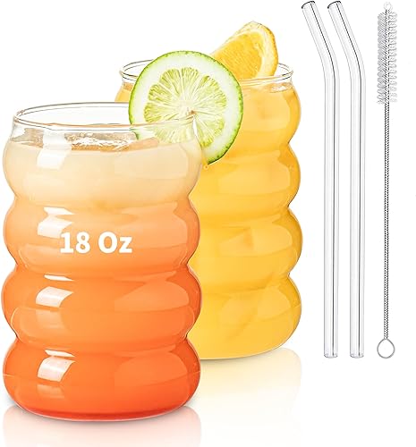 KEMORELA 2PCS Wave Bubble Beverage Glasses With Straws, 18 Oz Vintage Glass Cups, Aesthetic Iced Coffee Glasses, Ripple Glassware, Beer Glasses -