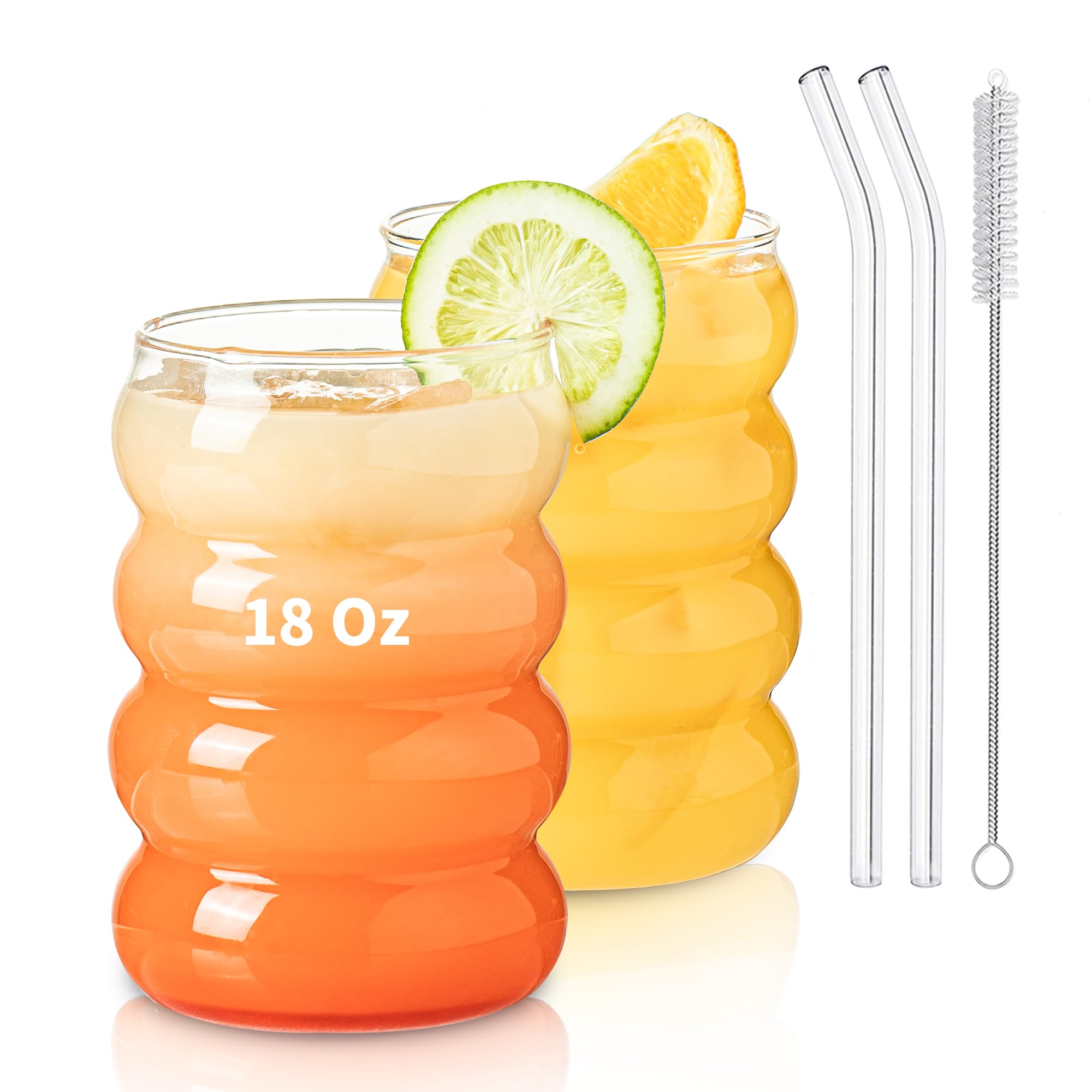 KEMORELA 2PCS Wave Bubble Beverage Glasses With Straws 18 Oz Vintage Glass Cups Aesthetic Iced Coffee Glasses Ripple