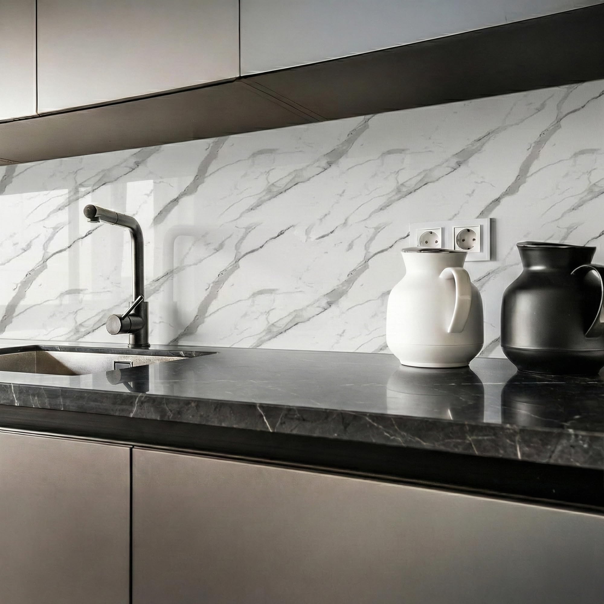 IZODEKOR Revestimiento de pared aspecto mármol, 4 unidades, 120 x 60 cm, alternativa azulejos baño o cocina, paneles pared cocina, baño, con 4 adhesivos | Ice Berg Grey New