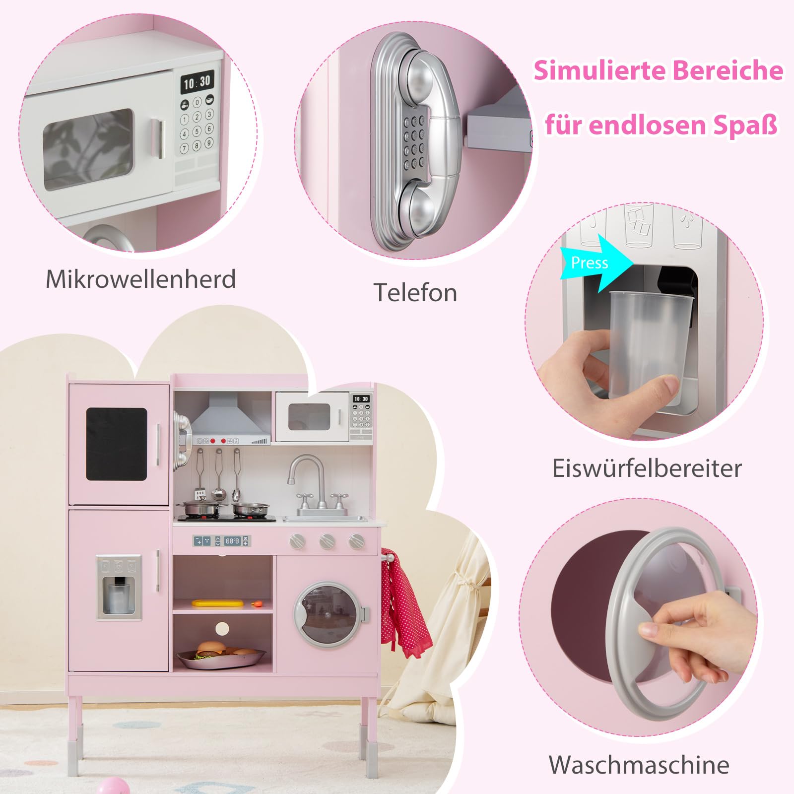 COSTWAY Kinderküche Holz, Spielküche mit Licht und Sound, Holzküche mit Tafel, Mikrowell, Spüle, Ofen & Stauraum, inkl. Zubehör, Spielzeugküche für Kinder ab 3 Jahren (Rosa)