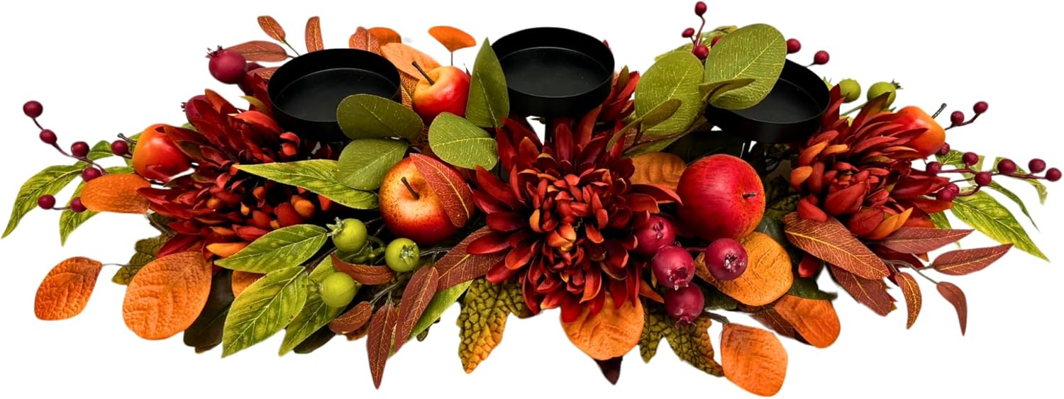 Fall Thanksgiving 3 Candle Holders Centerpiece Harvest Table Centerpiece Decor with Red Chrysanthemum Berries Apple Pomegranate Maple and Eucalyptus Leaves for Thanksgiving Autumn Harvest