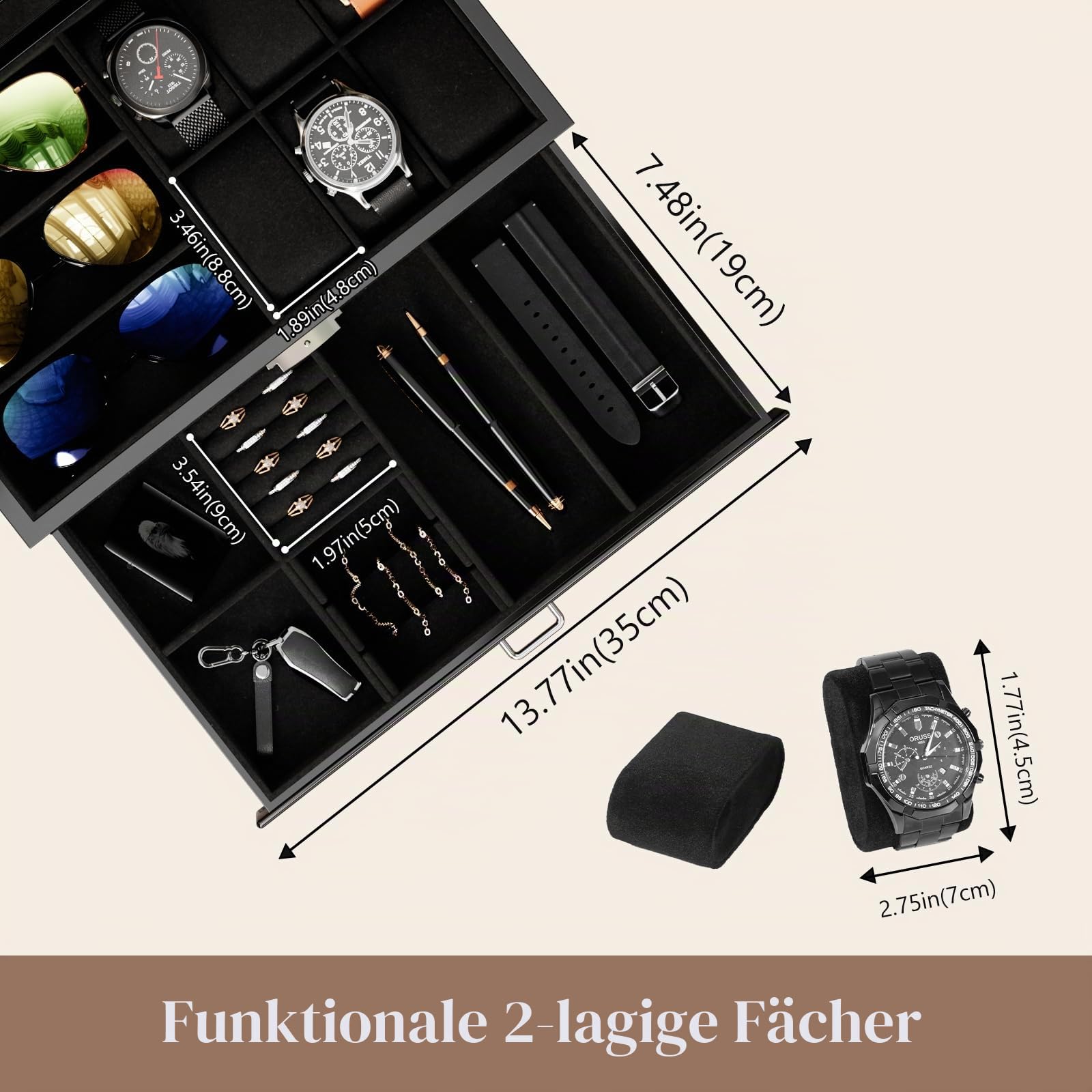 ProCase Uhrenbox aus Holz mit 6 Fächern, Uhren und Sonnenbrillen Aufbewahrung mit 2 Ebenen, Schmuckkästchen für Herren, Uhrenkasten mit Glasdeckel -Schwarz