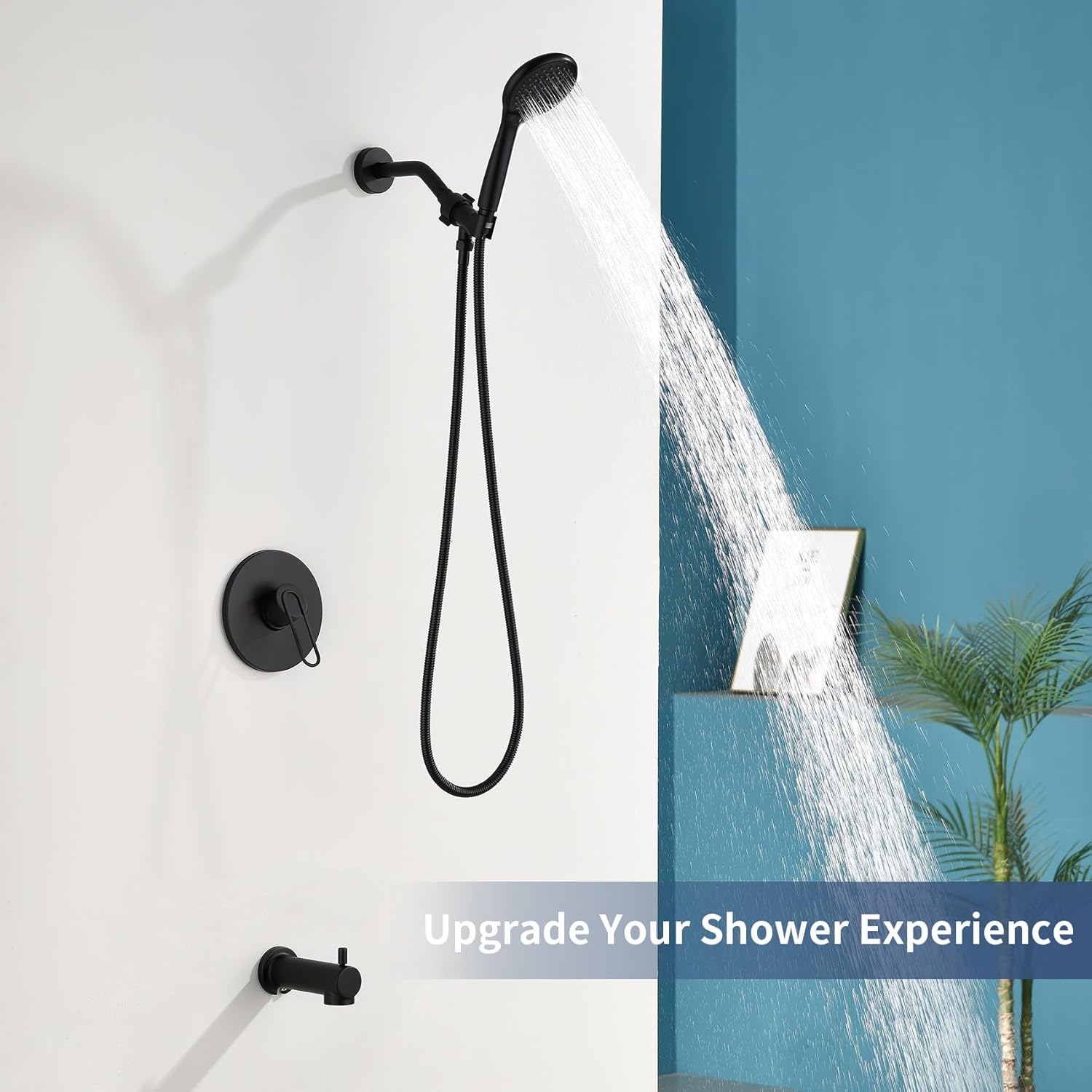 Taplong Matte Black Shower Faucet Set with Tub Spout Rain Shower Head System Shower Trim Kit Valve Included,Shower Head and Handle Set,3 Modes ABS Handheld Spray-TP047B