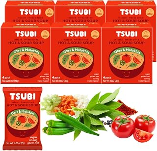 Tsubi Soup Freeze-Dried Tomato Soup Packets - Instant, Vegan, Easy Mix, Gluten & MSG-Free, and Flavorful - Ready in Seconds - Hot & Sour (Okra & Molokhia) Spicy - 24 Packs