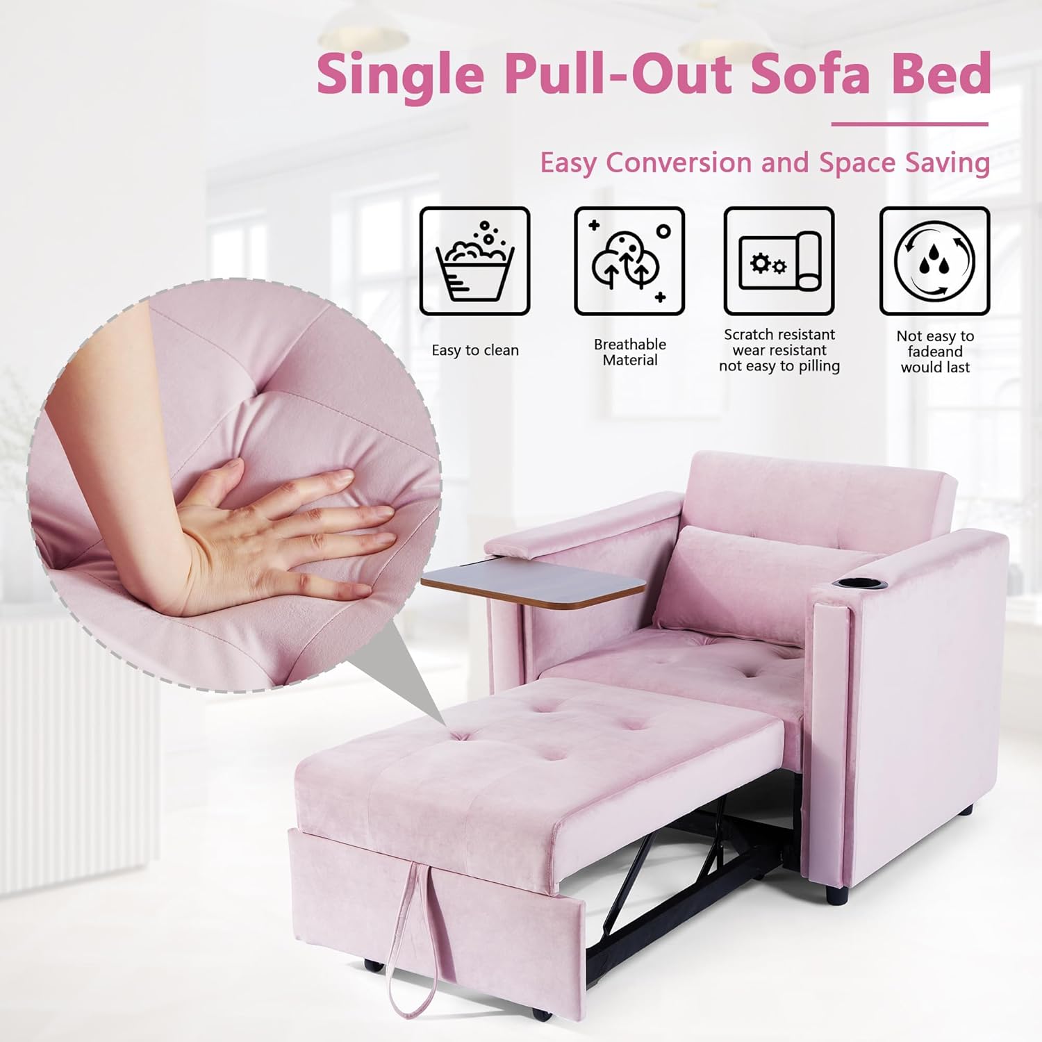 AVZEAR 4-in-1 Convertible Sleeper Single Sofa Chair, Multi-Functional Sofa Bed with Adjustable Backrest, Modern Velvet Sleeper Bed for Living Room Small Space, Pink