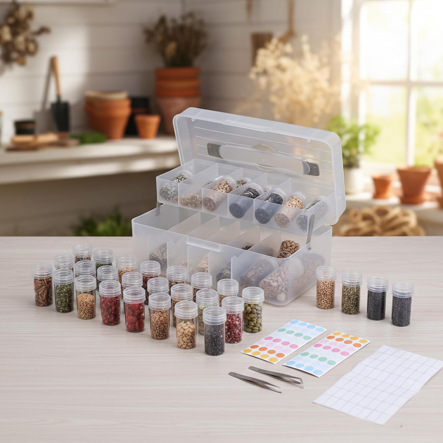 32 Slots Seed Storage Box Organizer with Label Sticker and 2 Tweezers,Portable Garden Seed Saving kit, Packet Organizer for Plant, Flower,Vegetable Seeds - Image 3
