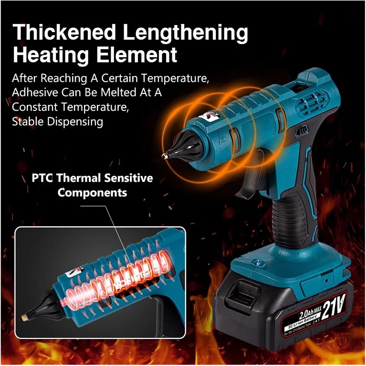 Hot Glue Gun Electric Cordless Hot Melt Glue Gun 100W with 10pcs 11mm Glue Stick 21V Battery Car Repair Tool for DIY Arts, Crafts and Quick Repairs(2Ah 1pc)