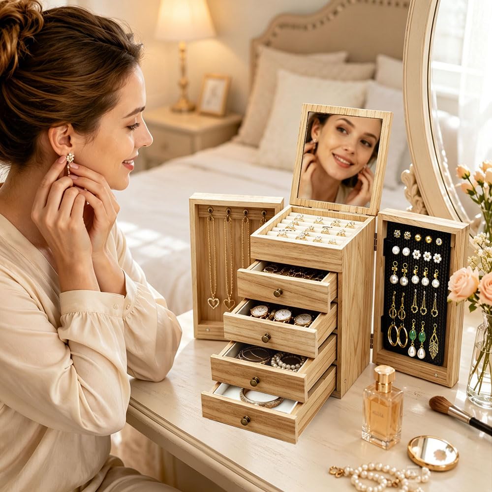 5 Niveles Joyero Madera Grande de con 4 Cajones, Espejo | para Pendientes Pulseras Anillos Collares,Organizador Joyas Rústica con 4Cajones,Organizador Caja Grande,Joyeros Organizador