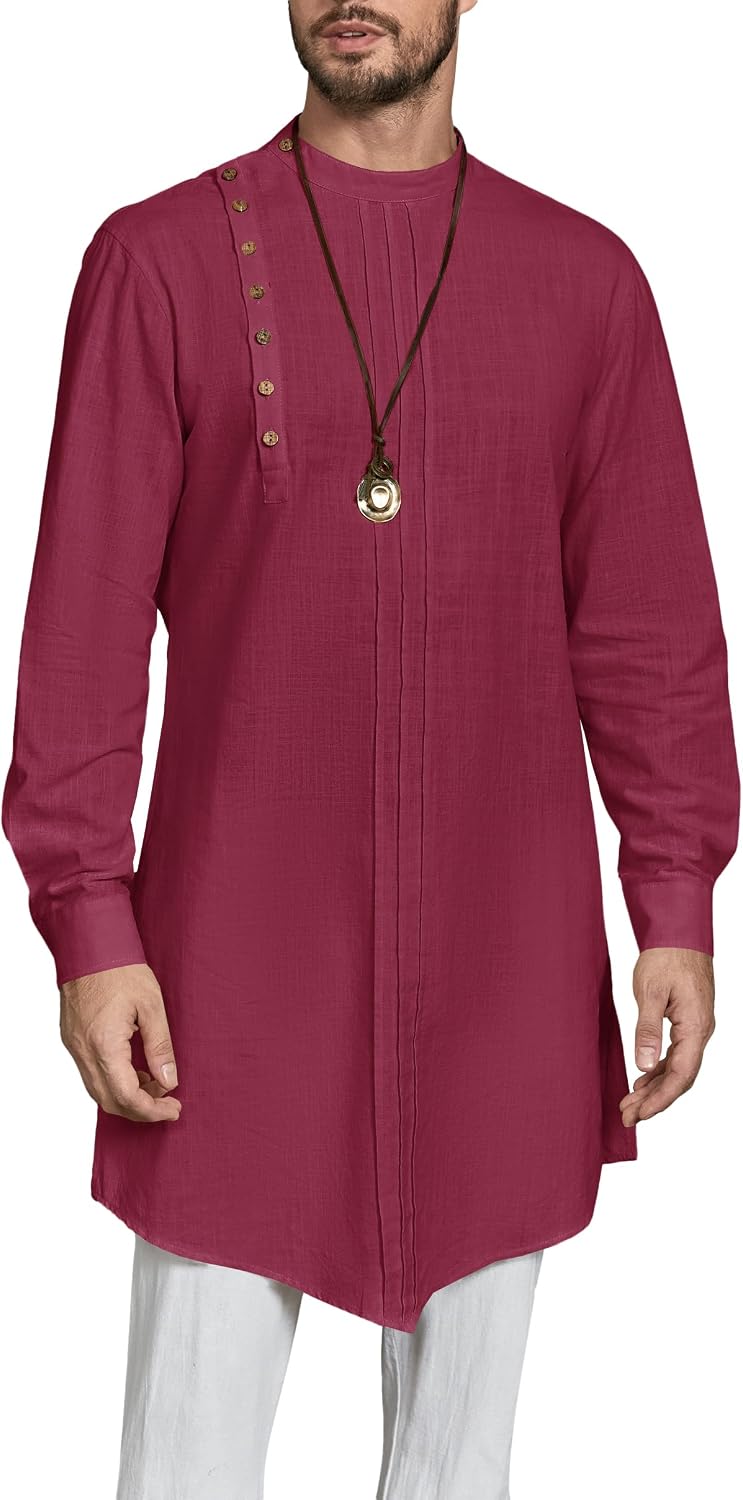 Gafeng Mens Kaftan Thobe Long Sleeve Robe Gown Casual Cotton Linen Button Muslim Shirt