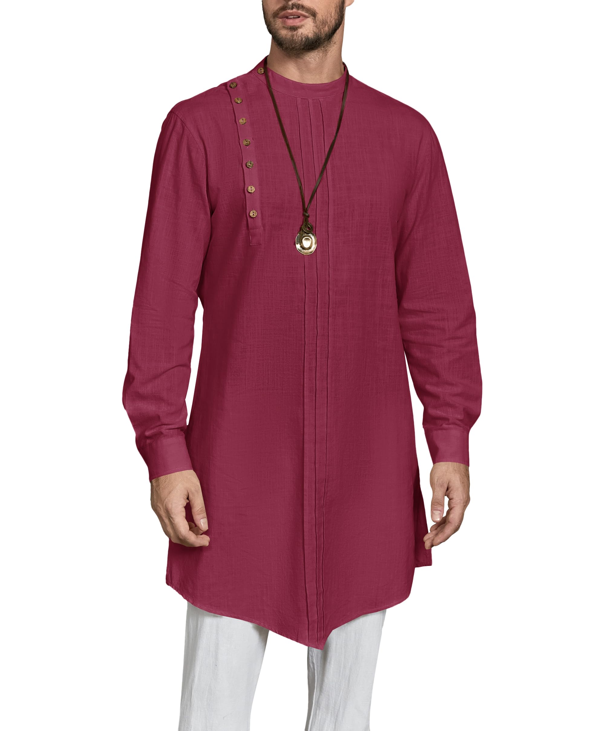Gafeng Mens Kaftan Thobe Long Sleeve Robe Gown Casual Cotton Linen Button Muslim Shirt