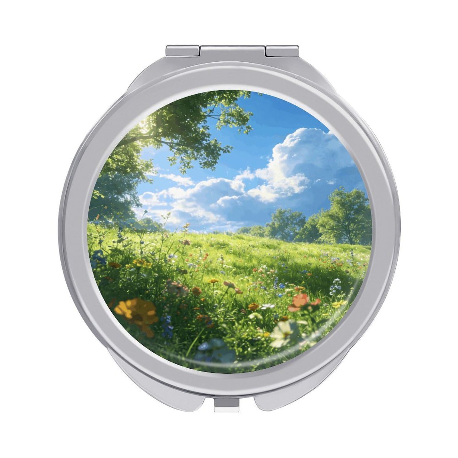 LZQPOEAS Meadow Compact Mirror, Double-Sided Folding Makeup Mirror, Durable Metal Travel Pocket Mirror for Purse, Portable Round Touch-Up Mirror for Table Gifts and Everyday Use