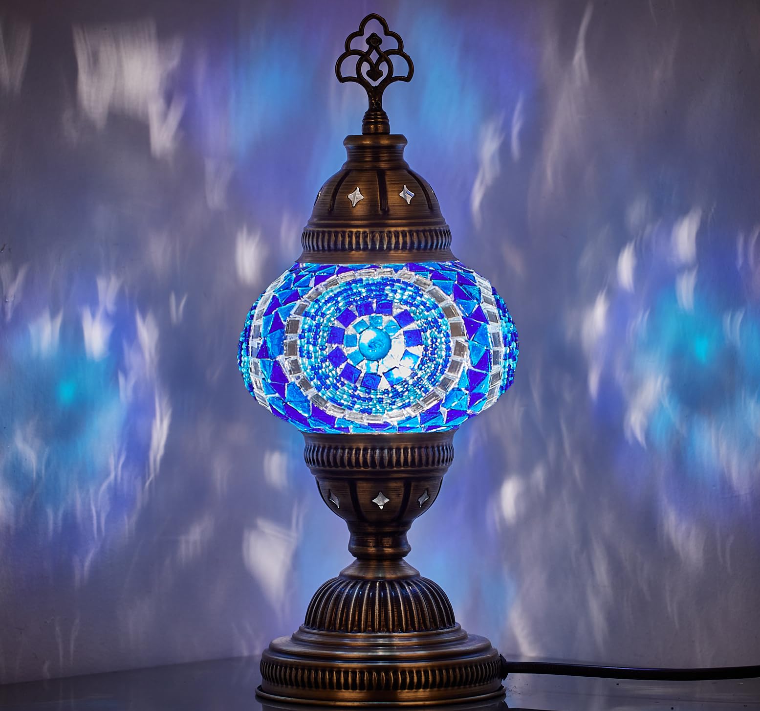DEMMEX Handmade Colorful Mosaic Glass Table Desk Bedside Lamp Lampshade with Antique Brass Base, Small 30cm H (Blue)