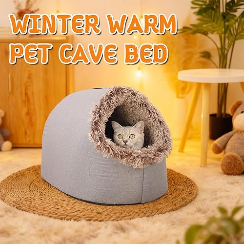 Miniatura 7 de Cama tipo cueva para mascotas cálida para invierno, 2026, suave y acogedora, nido de interior para gatos y perros pequeños, cojín extraíble, cálida