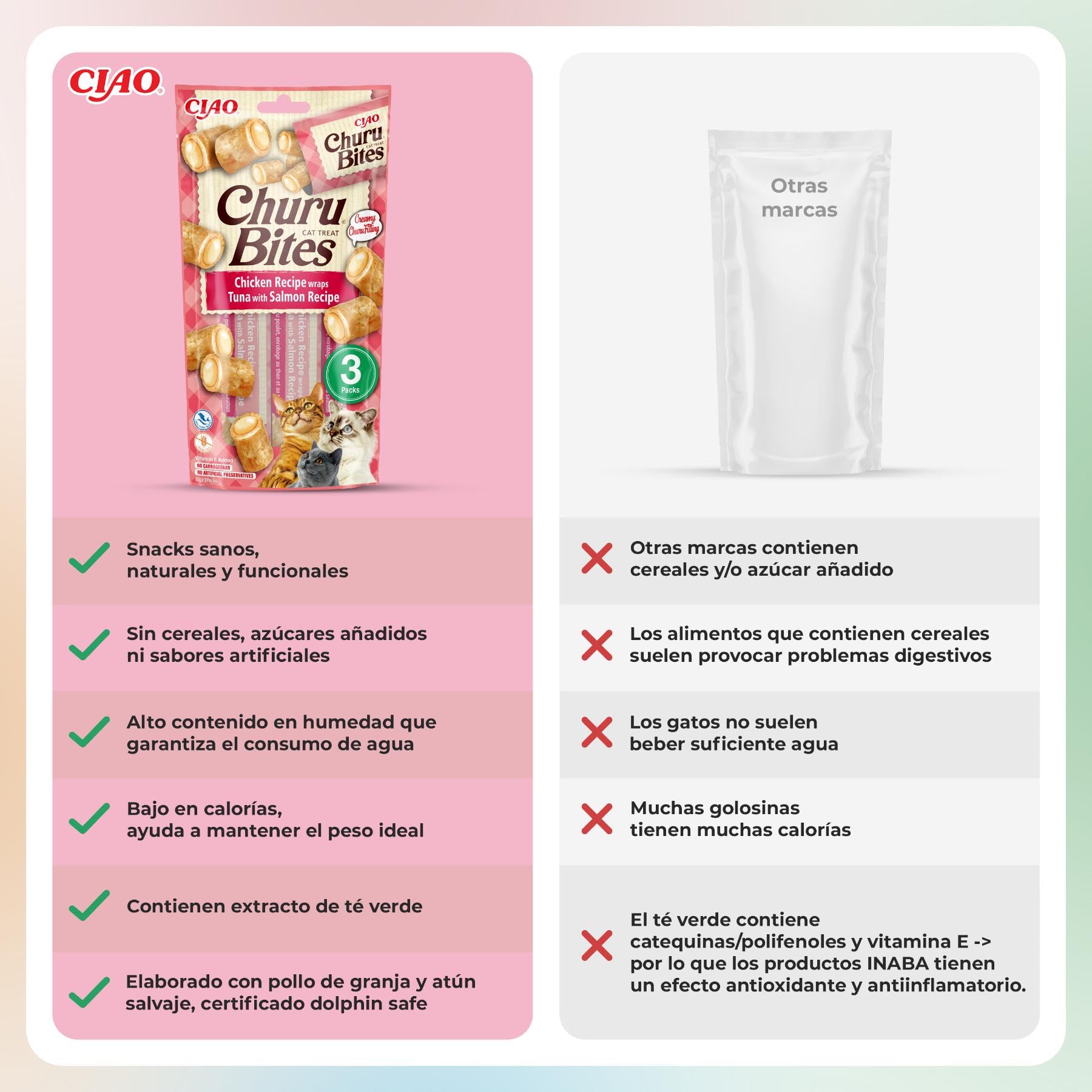 INABA Churu Bites Gatos - Snacks de Atún y Salmón - Premios Saludables - Golosinas Crujientes y Cremosas - Pequeña y Práctica Porción - Sin Conservantes ni Colorantes - 30g (3x10g)